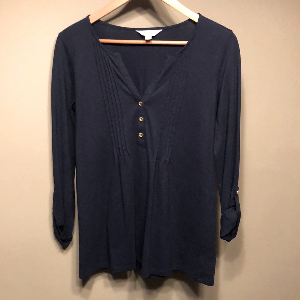 LILLY PULITZER Small Navy blue pima cotton 3/4 sleeve tee with gold accents